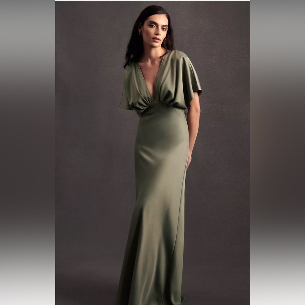 BHLDN Leila Deep-V Flutter-Sleeve Satin A-Line Gown - Moss - Size 6
